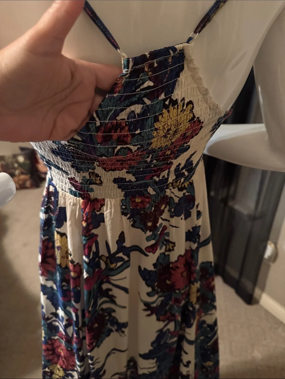 Free People Cream Maxi Dress with Blue, Green & Maroon Floral Print, Sz Small